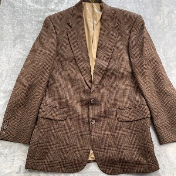 Oscar De La Renta Sport Coat Mens 44L Brown Houndstooth Plaid 100% Wool 2 Button